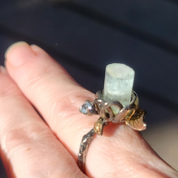 All Natural Aquamarine pillar Gemstone .925 Silver w/sapphire & Aquamarine sz8 - Picture 11 of 14